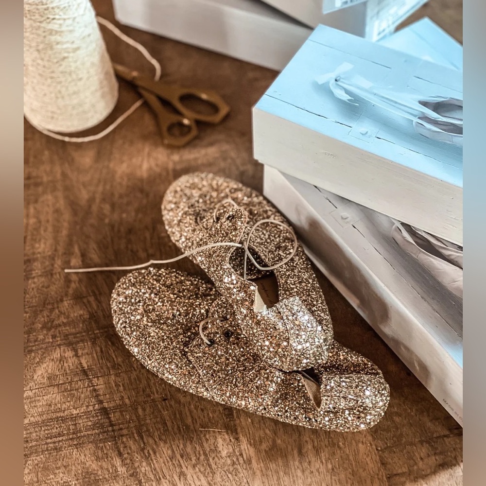 Sequin Lace-Up Flat — Rose Gold